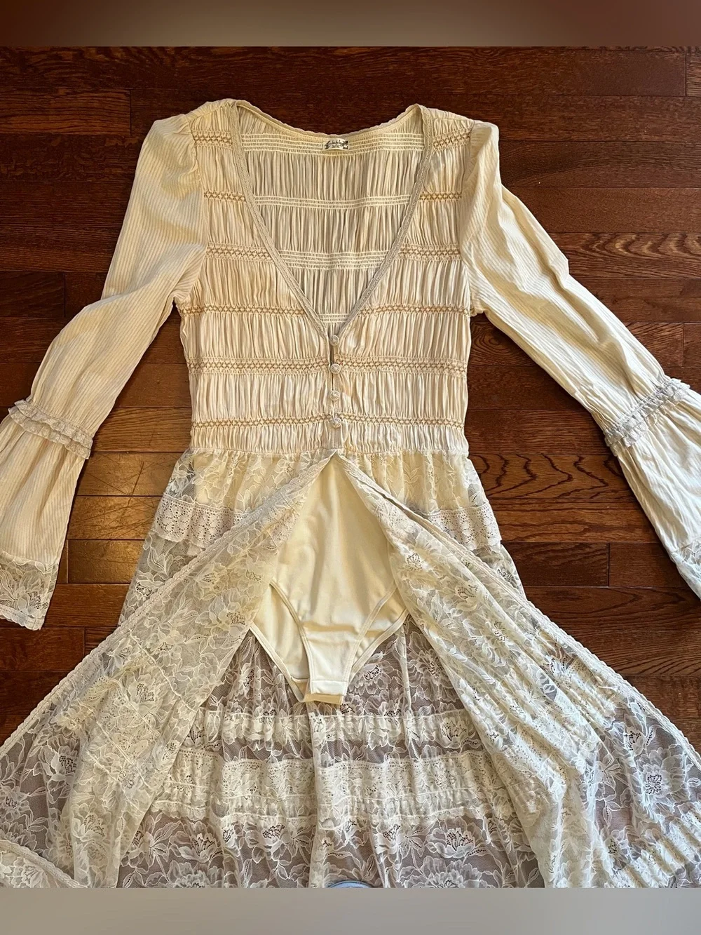 Free People Sheer Lace Tiered Maxi bodysuit duster in Beige. New no tags